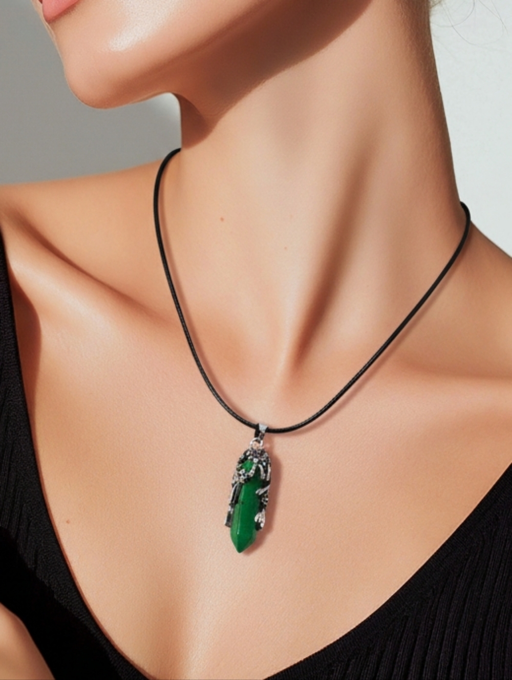 Green Aventurine Crystal Necklace Floral Wrapped Point Pendant